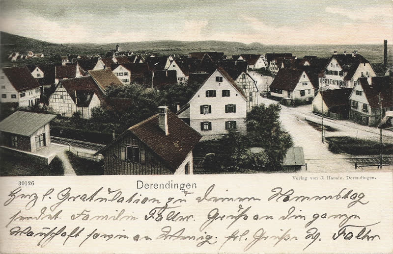 Historische Postkarte: Blick vom Bahnhaltepunkt über die Dächer Derendingens, vorn links das Bahnwärterhäuschen, um 1903