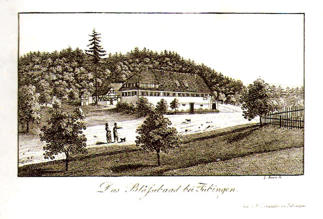 Historischer Kupferstich: das Bläsibad am Waldrand mit Spaziergängern, 1822