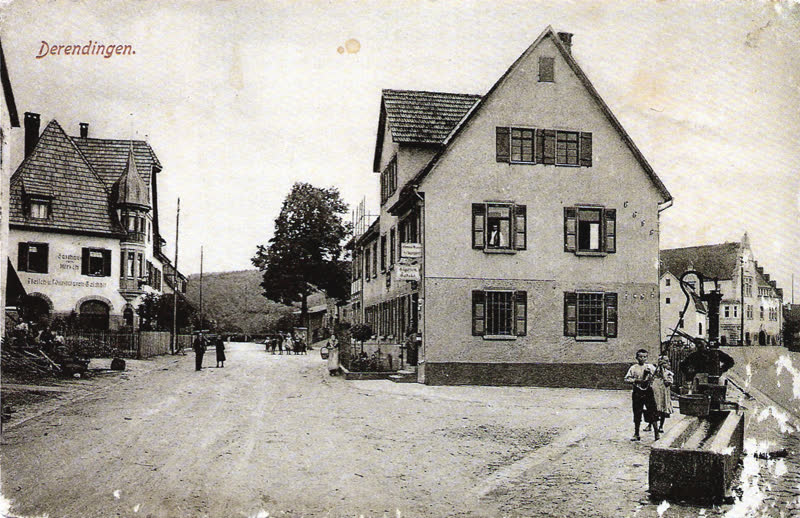 Historische Postkarte: Fabrikstraße mit Gasthaus zum Hirsch und Kindern auf der Straße, 1907